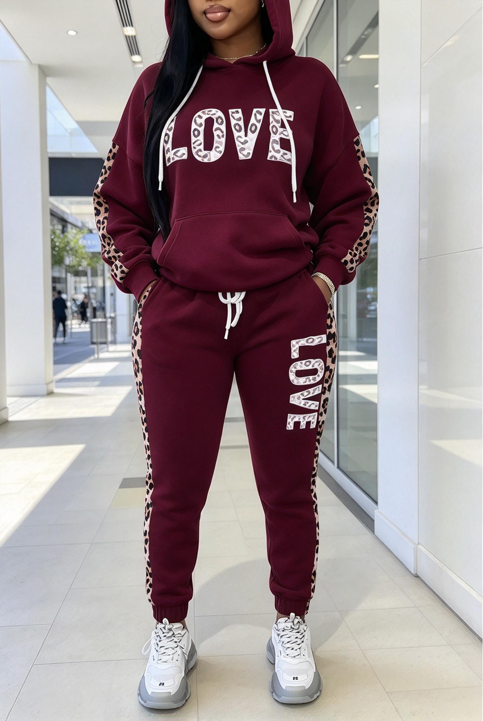 Joggers Pants - Kadın Leopar Desenli, Harf Detaylı, Kapüşonlu